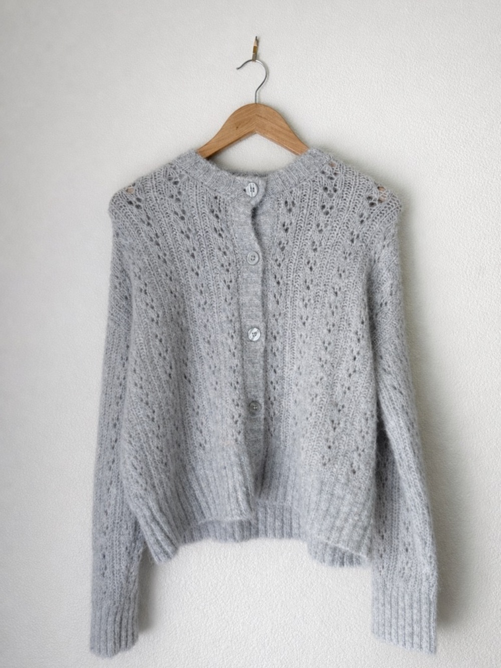 BDG Urban Outfitters Becca Pointelle Cardigan XS Gray Cropped Cozy Knit Sweater